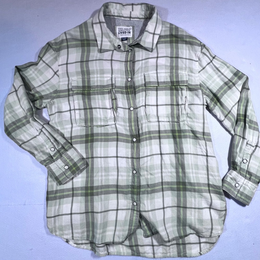 American Eagle Seriously Lived-In Green Plaid Pearl Snap Flannel Shirt XS